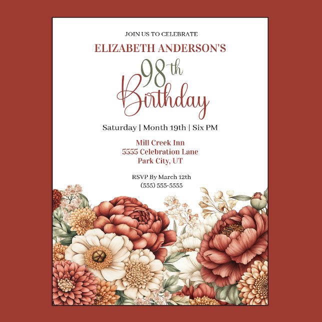 Invitación Cumpleaños 98 de Pretty Fall Peony (Pretty Fall Peony 98th Birthday invitation For Women.)