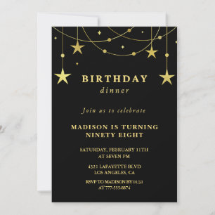 Invitación Cumpleaños 98 estrellas de oro negro chic cena