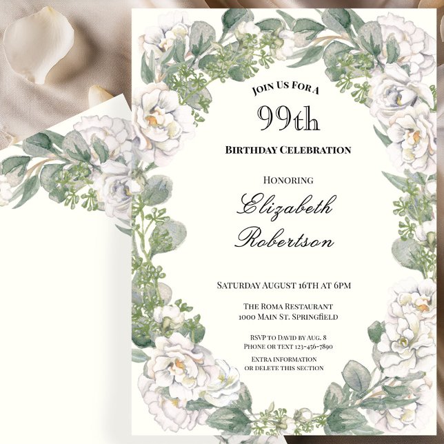 Invitación Cumpleaños 99 con flores de marfil y verde salvia (Subido por el creador)