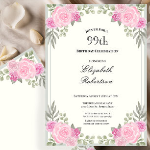 Invitación Cumpleaños 99 de flores rosadas y verde salvia