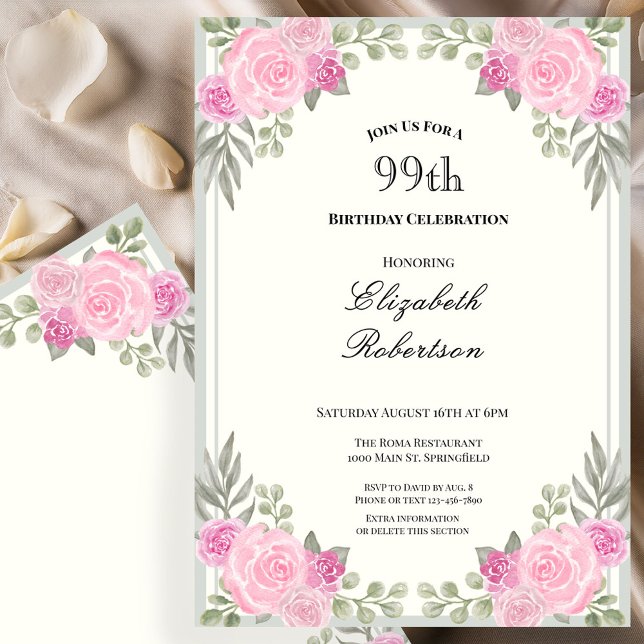 Invitación Cumpleaños 99 de flores rosadas y verde salvia (Subido por el creador)