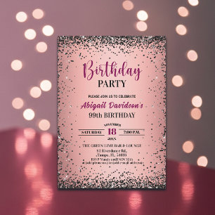 Invitación Cumpleaños 99 Elegante Negro Brillo Metálico Rosa
