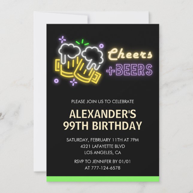 Invitación Cumpleaños 99 Neon Cheers Beer Pizarra (Anverso)