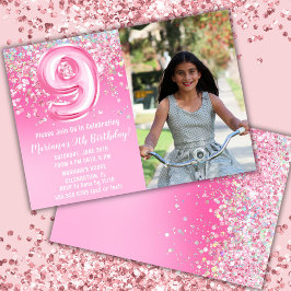 Invitación Cumpleaños 9 con Purpurina Rosa en Foto
