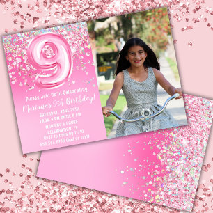 Invitación Cumpleaños 9 con Purpurina Rosa en Foto