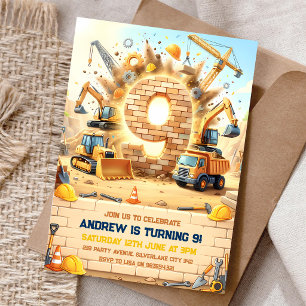 Invitación Cumpleaños 9 de camiones grúas construcción