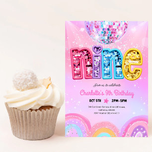 Invitación Cumpleaños 9 de Disco con Lentejuelas de Arcoíris