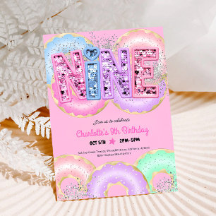 Invitación Cumpleaños 9 de Donut de Purpurina Rosa
