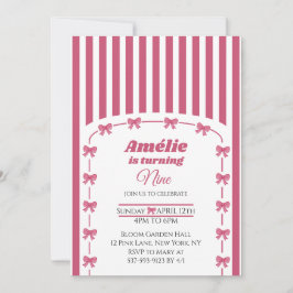 Invitación Cumpleaños 9 de niña con lazo coquette rosa lindo