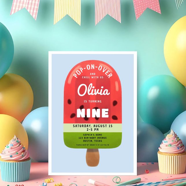 Invitación Cumpleaños 9 de niña de paleta de melón linda (Cute Melon Popsicle Girl 9th Birthday Invitation)