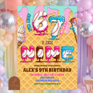 Invitación Cumpleaños 9 de Niño de Béisbol Helado Goteo Seis 