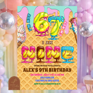 Invitación Cumpleaños 9 de Niño de Softbol Helado Goteo Seis