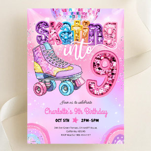 Invitación Cumpleaños 9 de Roller Skating Disco Neon