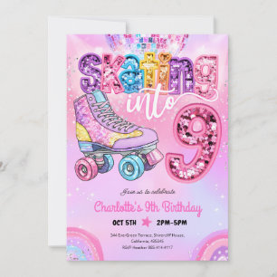 Invitación Cumpleaños 9 de Roller Skating Disco Neon