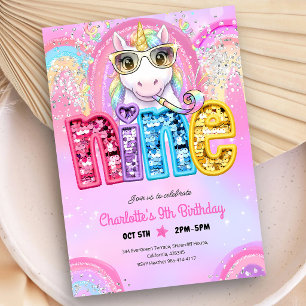 Invitación Cumpleaños 9 de Unicornio de Lentejuelas de Arcoír