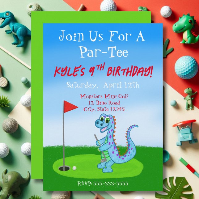 Invitación Cumpleaños 9 Temático de Golf de Dinosaurio Adorab (Subido por el creador)