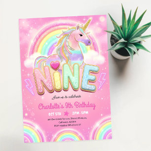 Invitación Cumpleaños 9 Unicornio de Lentejuelas de Arcoíris
