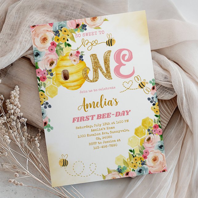 Invitación Cumpleaños Abeja Amarilla 1er - Floral Rosa (Subido por el creador)