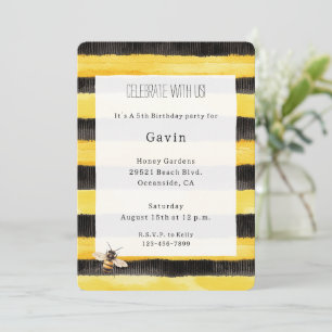 Invitación Cumpleaños Abeja Miel Rayas Negras Oro Amarillo