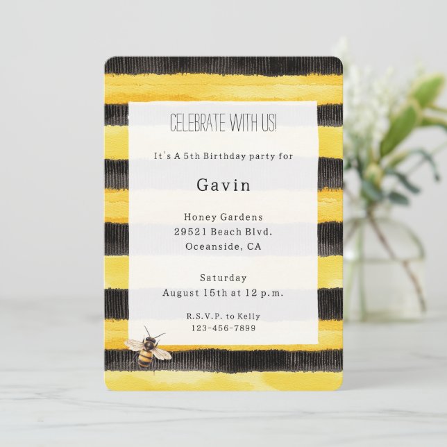 Invitación Cumpleaños Abeja Miel Rayas Negras Oro Amarillo (Anverso de pie)