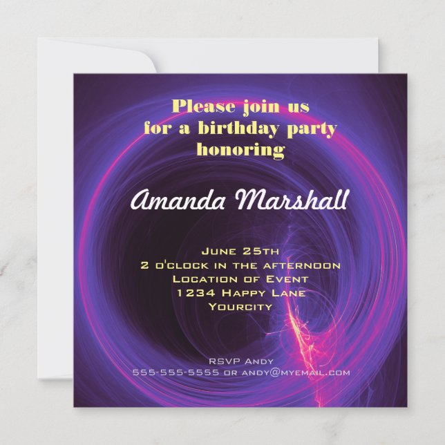 Invitación Cumpleaños abstracto circular rosa y púrpura (Anverso)