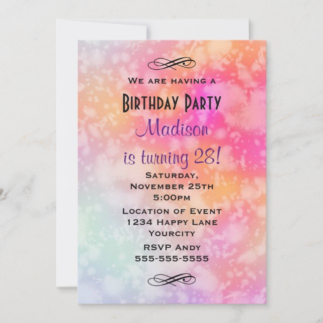 Invitación Cumpleaños abstracto de acuarela rosa y naranja (Anverso)
