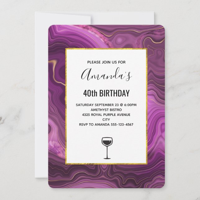Invitación Cumpleaños abstracto de amatista y oro con ágata p (Anverso)