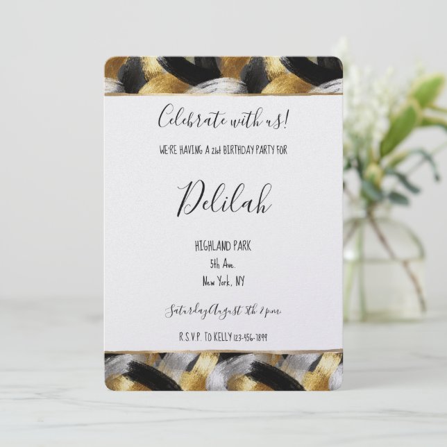 Invitación Cumpleaños abstracto glam negro plata oro (Anverso de pie)
