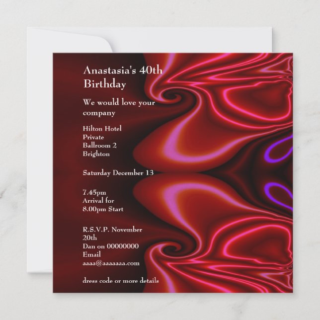 Invitación Cumpleaños Abstracto Seda Falsa Rojo Pú (Anverso)