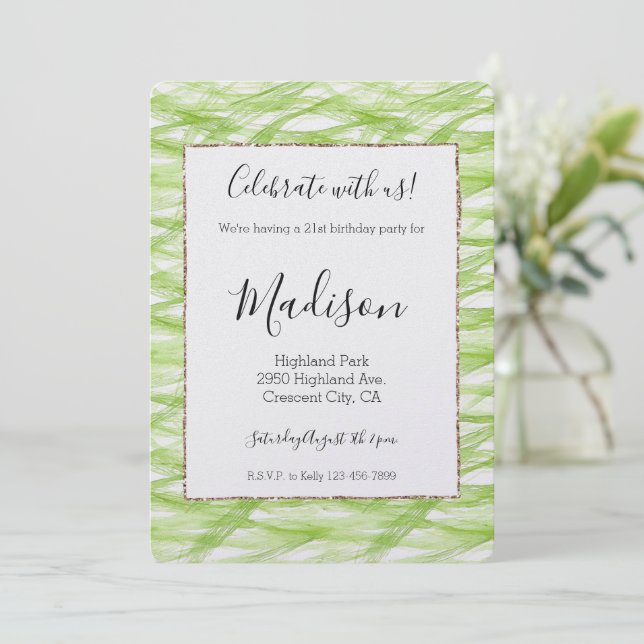 Invitación Cumpleaños abstracto verde lima (Anverso de pie)