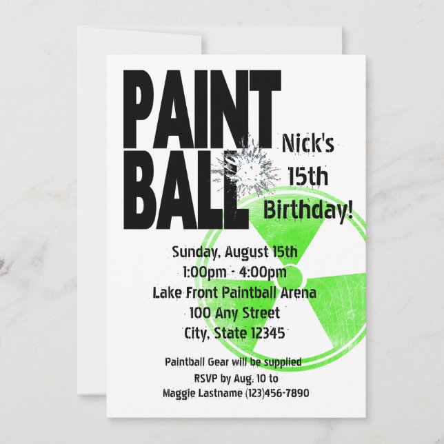 Invitación Cumpleaños activo de la radio Paintball (Anverso)