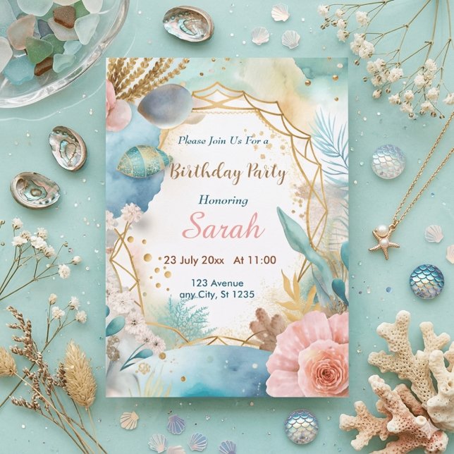 Invitación cumpleaños acuarela azul boho chic dorado (Subido por el creador)