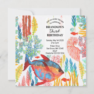 Invitación Cumpleaños acuarela de animales del océano bajo el