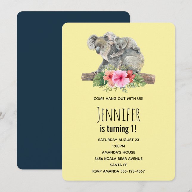 Invitación Cumpleaños Acuarela de Koalas Mamá e Hijo Lindos (Anverso / Reverso)