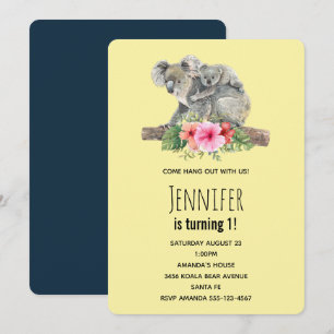 Invitación Cumpleaños Acuarela de Koalas Mamá e Hijo Lindos