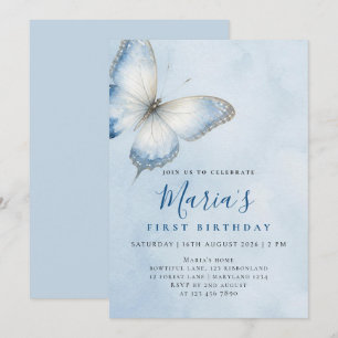 Invitación Cumpleaños acuarela mariposa azul elegante persona