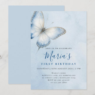 Invitación Cumpleaños acuarela mariposa azul elegante persona