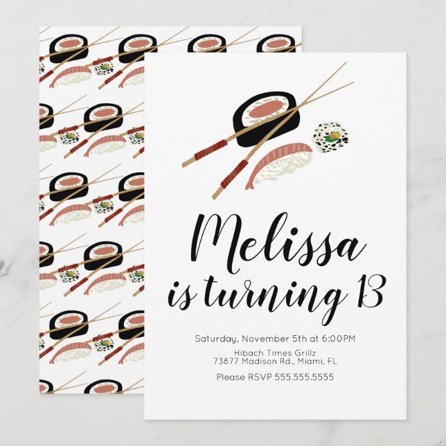 Invitación Cumpleaños adolescente de salmón de rollo de sushi (Anverso / Reverso)