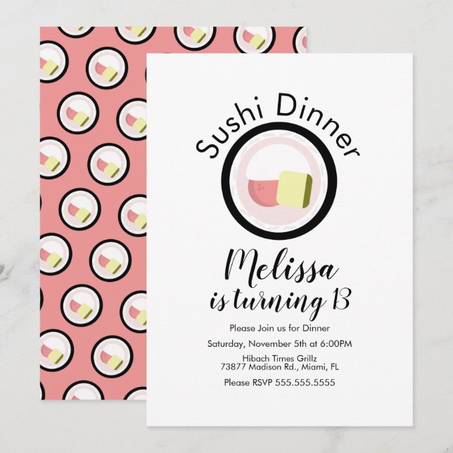 Invitación Cumpleaños adolescente de salmón de rollo de sushi (Anverso / Reverso)