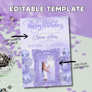 Invitación Cumpleaños adolescente elegante con foto morada pe