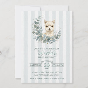Invitación Cumpleaños Adorable Alpaca Acuarela Crema