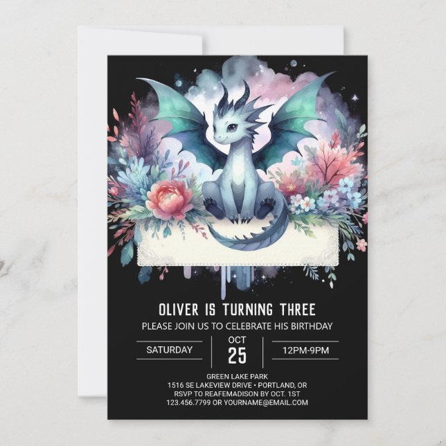 Invitación Cumpleaños Adorable Boho Dragon (Anverso)
