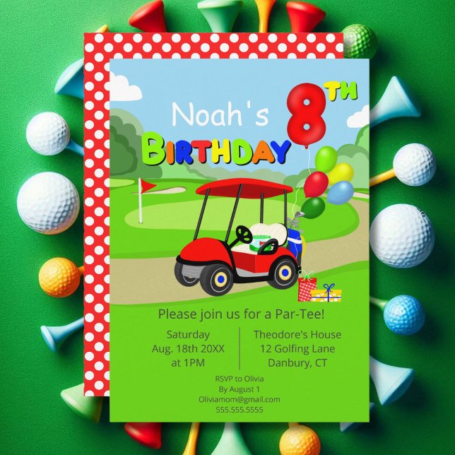 Invitación Cumpleaños adorable de 8 años Carrito de golf rojo (Subido por el creador)