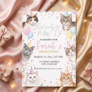 Invitación Cumpleaños adorable de gato acuarela para niños
