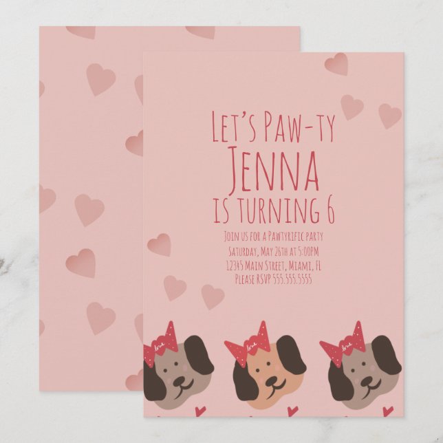 Invitación Cumpleaños adorable de perros de San Valentín (Anverso / Reverso)