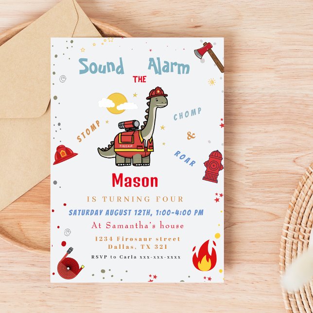 Invitación Cumpleaños Adorable del bombero Dino (Subido por el creador)