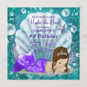 Invitación Cumpleaños adorable sirena morena bajo el mar