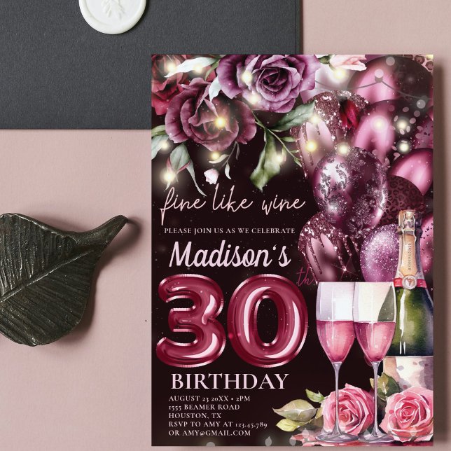 Invitación Cumpleaños Adulto 30 de vino magenta de lujo (Subido por el creador)
