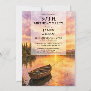 Invitación Cumpleaños adulto de barco de pesca en lago acuare