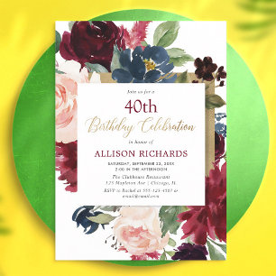Invitación Cumpleaños adulto floral dorado y burdeos